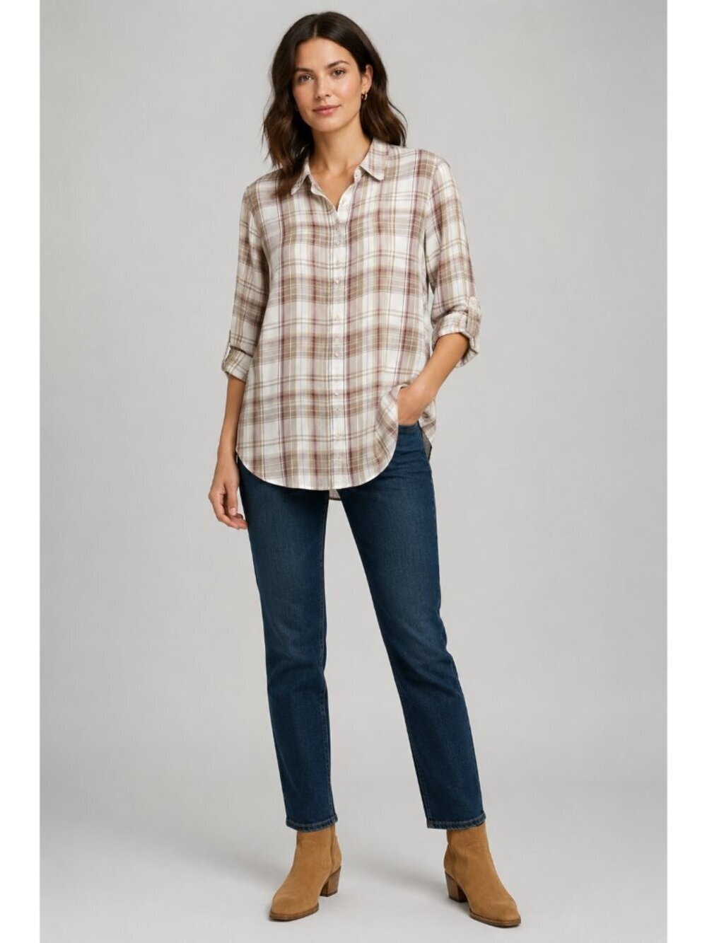 Lauren Ralph Lauren Plaid Button Front Blouse Top Beige Burgundy 2X